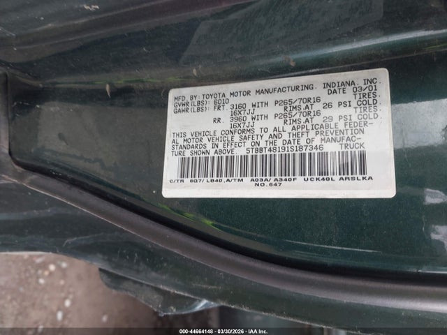 Aukcja sprzedaży 2001 Toyota Tundra Ltd V8, vin: 5TBBT48191S187346, numer aukcji: 44664148