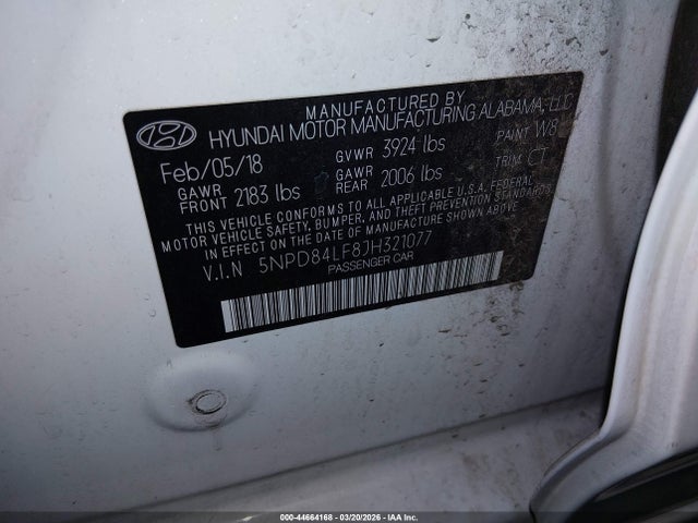 5NPD84LF8JH321077 Hyundai ELANTRA SEL