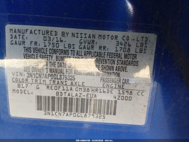 3N1CN7AP0GL879325 Nissan Versa 1.6 S+