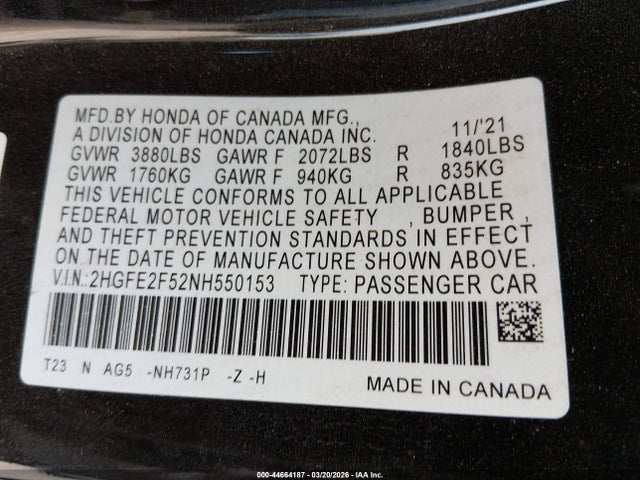 2022 Honda Civic Sport მანქანა იყიდება აუქციონზე, vin: 2HGFE2F52NH550153, აუქციონის ნომერი: 44664187