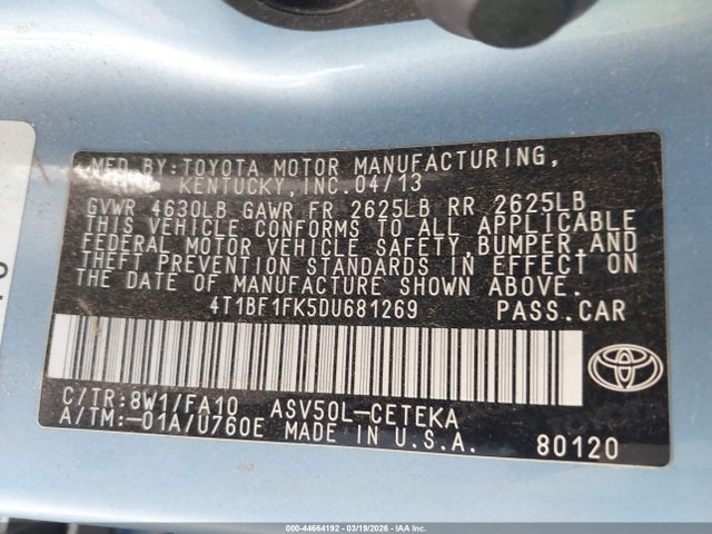 44664192 :رقم المزاد ، 4T1BF1FK5DU681269 vin ، 2013 Toyota Camry L مزاد بيع