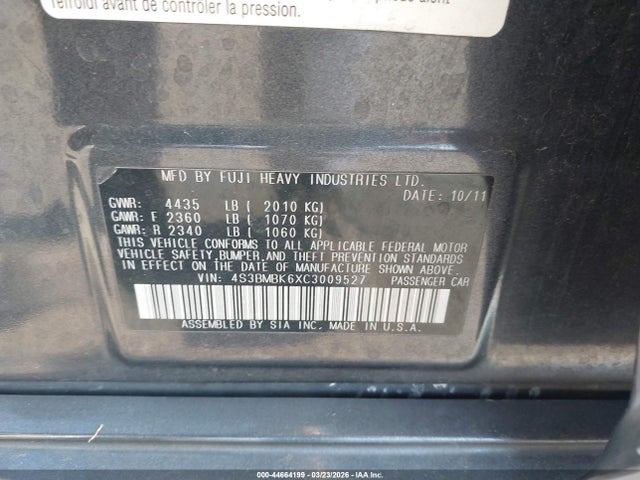 Продаж на аукціоні авто 2012 Subaru Legacy 2.5i Limited, vin: 4S3BMBK6XC3009527, номер лоту: 44664199