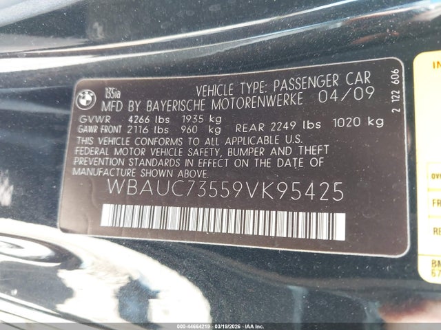 Aukcja sprzedaży 2009 Bmw 135i, vin: WBAUC73559VK95425, numer aukcji: 44664219