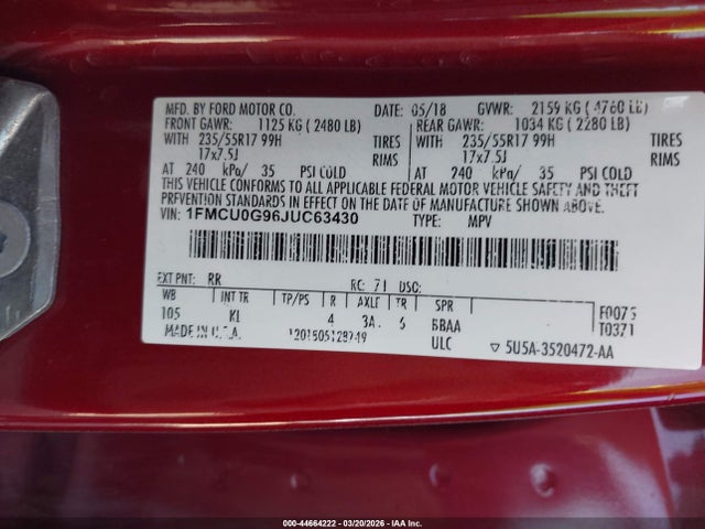 Продаж на аукціоні авто 2018 Ford Escape Se, vin: 1FMCU0G96JUC63430, номер лоту: 44664222