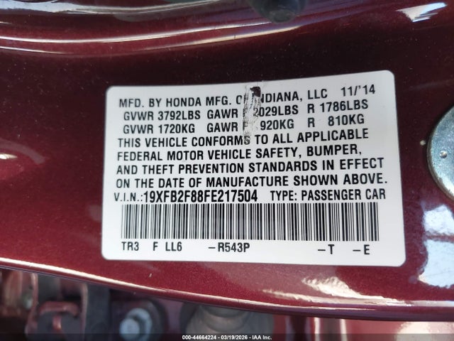 Honda CIVIC EX 2015 19XFB2F88FE217504 Image 9