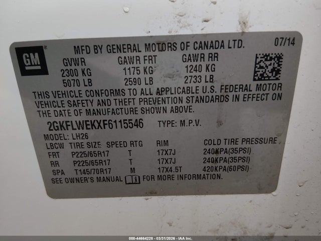 44664228 :رقم المزاد ، 2GKFLWEKXF6115546 vin ، 2015 Gmc Terrain Sle-2 مزاد بيع