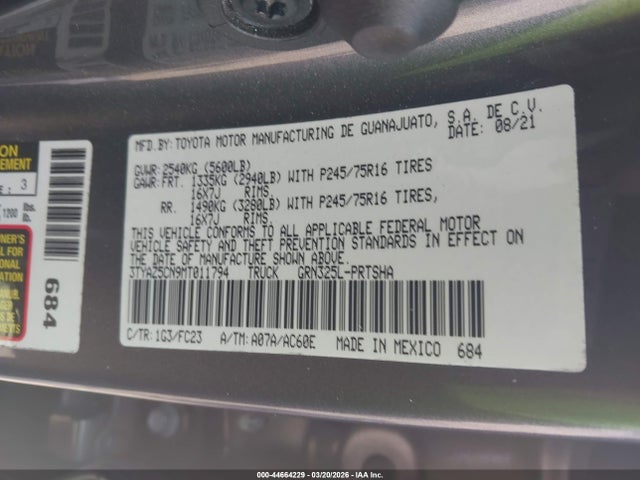 Aukcja sprzedaży 2021 Toyota Tacoma Sr5 V6, vin: 3TYAZ5CN9MT011794, numer aukcji: 44664229