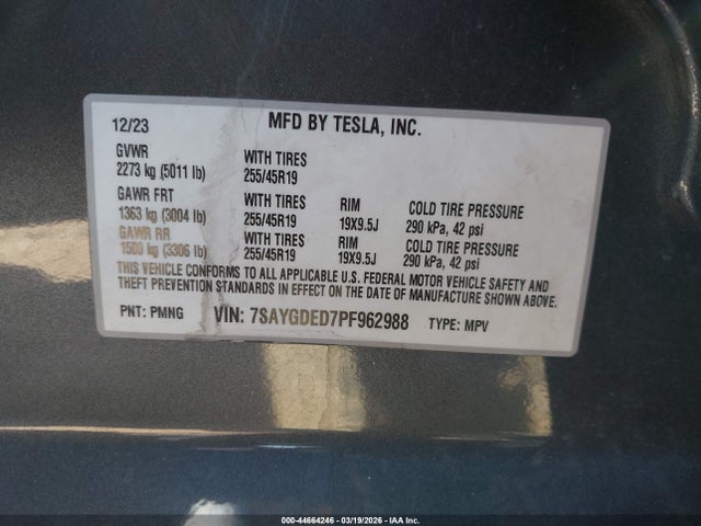2023 Tesla Model Y Rwd მანქანა იყიდება აუქციონზე, vin: 7SAYGDED7PF962988, აუქციონის ნომერი: 44664246