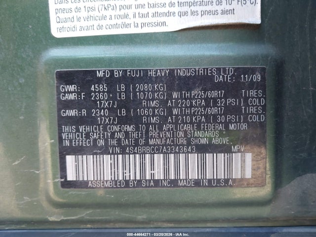 44664271 :رقم المزاد ، 4S4BRBCC7A3343643 vin ، 2010 Subaru Outback 2.5i Premium مزاد بيع