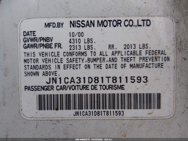 2001 Nissan Maxima Gle მანქანა იყიდება აუქციონზე, vin: JN1CA31D81T811593, აუქციონის ნომერი: 44664276