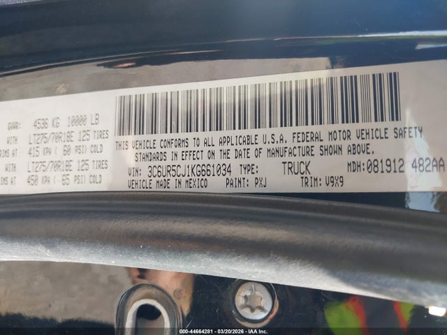 Aukcja sprzedaży 2019 Ram 2500 Tradesman  4x4 6'4 Box, vin: 3C6UR5CJ1KG661034, numer aukcji: 44664281