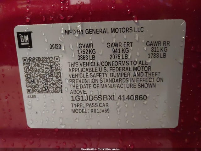 1G1JD5SBXL4140860 Chevrolet Sonic Fwd Lt