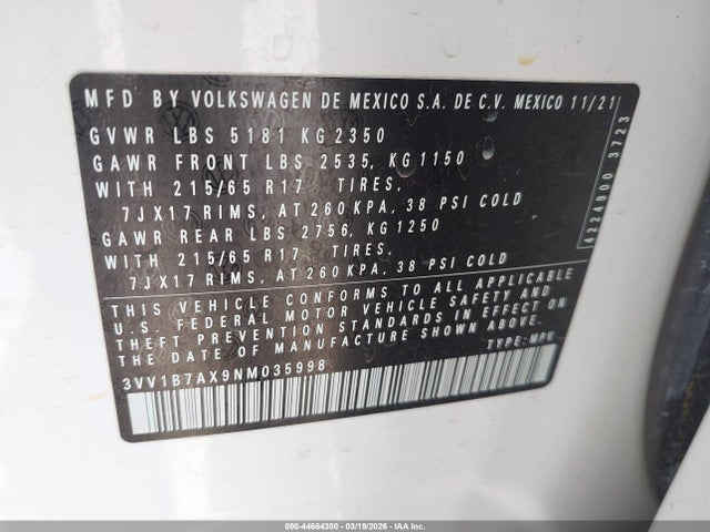 Aukcja sprzedaży 2022 Volkswagen Tiguan 2.0t S, vin: 3VV1B7AX9NM035998, numer aukcji: 44664300