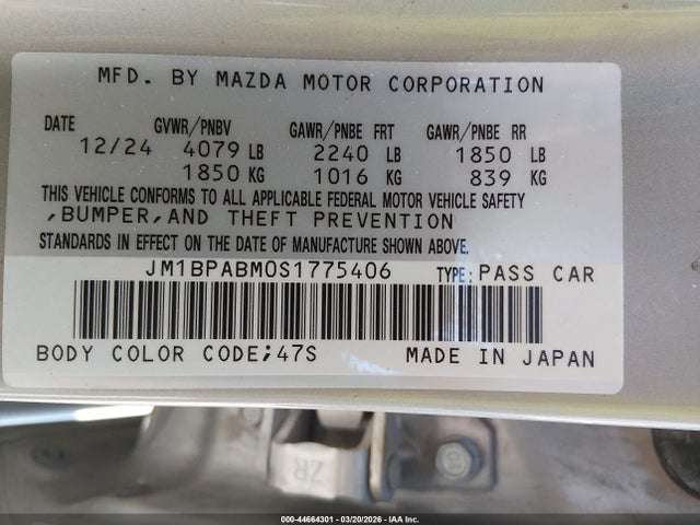 Aukcja sprzedaży 2025 Mazda Mazda3 2.5 S Select Sport, vin: JM1BPABM0S1775406, numer aukcji: 44664301