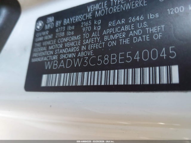 44664320 :رقم المزاد ، WBADW3C58BE540045 vin ، 2011 Bmw 328i مزاد بيع