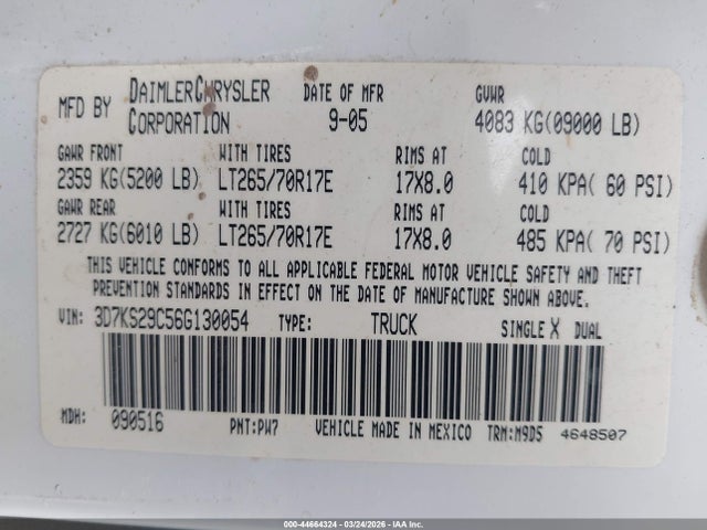 Продажа на аукционе авто 2006 Dodge Ram 2500 Slt, vin: 3D7KS29C56G130054, номер лота: 44664324