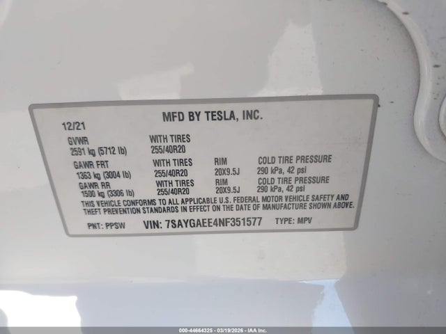 Продаж на аукціоні авто 2022 Tesla Model Y Long Range Dual Motor All-wheel Drive, vin: 7SAYGAEE4NF351577, номер лоту: 44664325