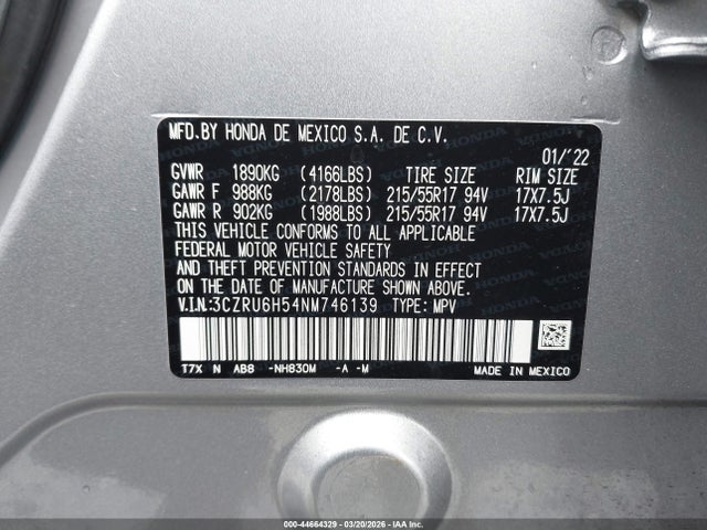 3CZRU6H54NM746139 Honda Hr-v Awd Ex