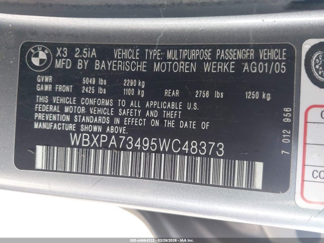 2005 Bmw X3 2.5i მანქანა იყიდება აუქციონზე, vin: WBXPA73495WC48373, აუქციონის ნომერი: 44664332