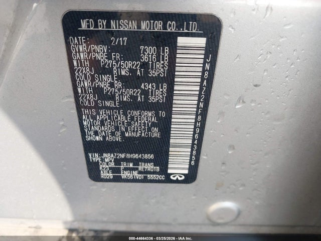 Aukcja sprzedaży 2017 Infiniti Qx80, vin: JN8AZ2NF8H9643856, numer aukcji: 44664336