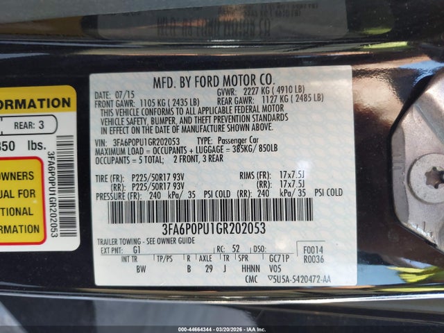 Продаж на аукціоні авто 2016 Ford Fusion Energi Se Luxury, vin: 3FA6P0PU1GR202053, номер лоту: 44664344