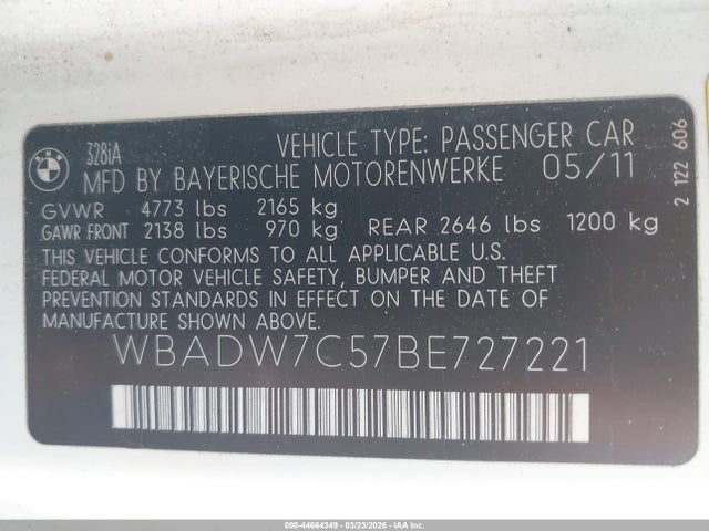 Aukcja sprzedaży 2011 Bmw 328i, vin: WBADW7C57BE727221, numer aukcji: 44664349