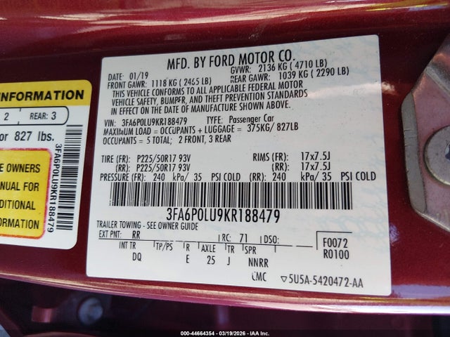 Ford Fusion Hybrid Se 2019 3FA6P0LU9KR188479 Image 9