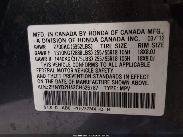 Продаж на аукціоні авто 2012 Acura Mdx Technology Package, vin: 2HNYD2H43CH526787, номер лоту: 44664374