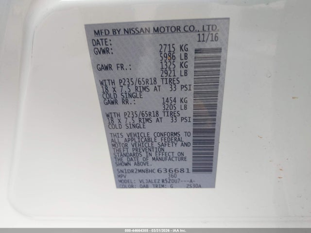 5N1DR2MN8HC636681 Nissan Pathfinder Sv
