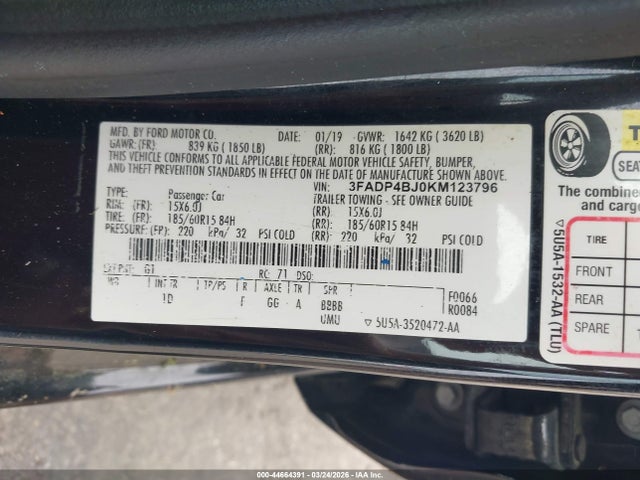 2019 Ford Fiesta Se მანქანა იყიდება აუქციონზე, vin: 3FADP4BJ0KM123796, აუქციონის ნომერი: 44664391