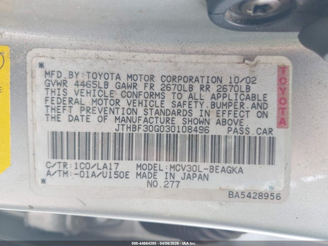 44664395 :رقم المزاد ، JTHBF30G030108496 vin ، 2003 Lexus Es 300 مزاد بيع