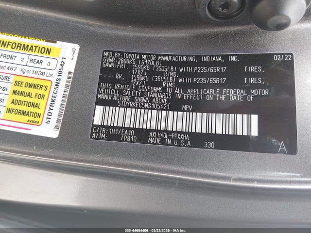 Aukcja sprzedaży 2022 Toyota Sienna Xle, vin: 5TDYRKEC5NS105421, numer aukcji: 44664406