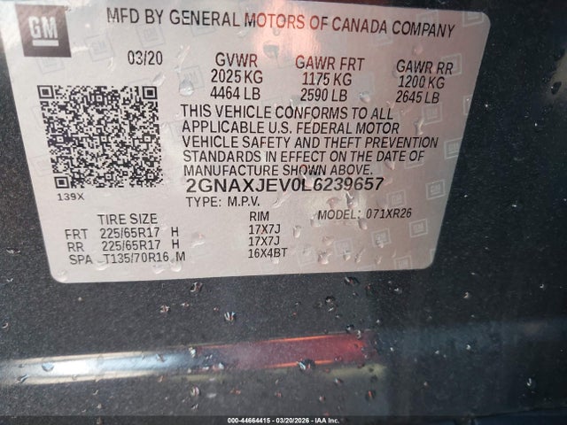Продаж на аукціоні авто 2020 Chevrolet Equinox Fwd 2fl, vin: 2GNAXJEV0L6239657, номер лоту: 44664415