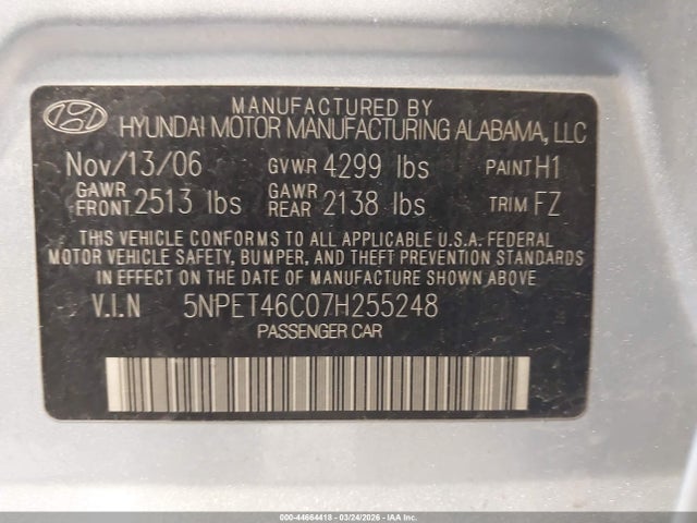 Aukcja sprzedaży 2007 Hyundai Sonata Gls, vin: 5NPET46C07H255248, numer aukcji: 44664418