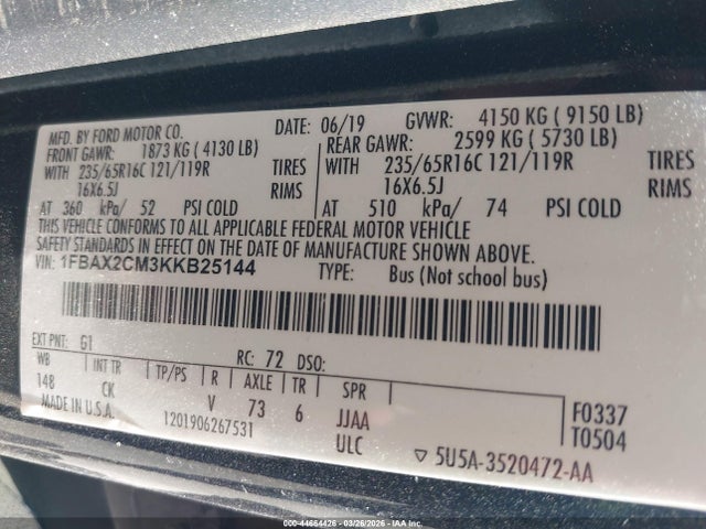 Продаж на аукціоні авто 2019 Ford Transit-350 Xlt, vin: 1FBAX2CM3KKB25144, номер лоту: 44664426