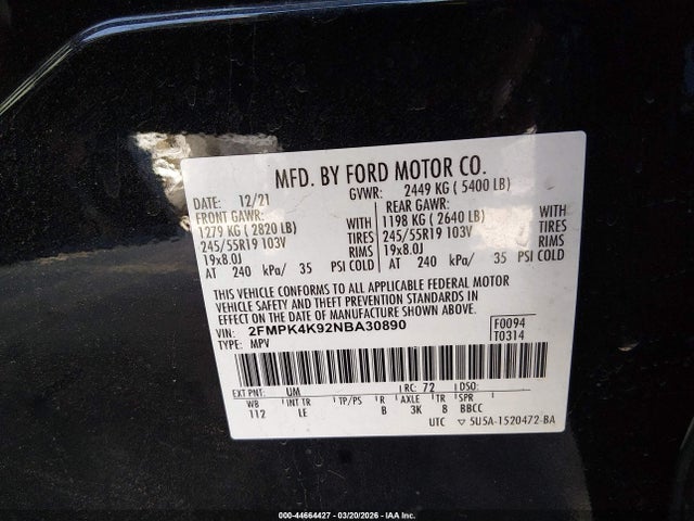 Aukcja sprzedaży 2022 Ford Edge Titanium, vin: 2FMPK4K92NBA30890, numer aukcji: 44664427