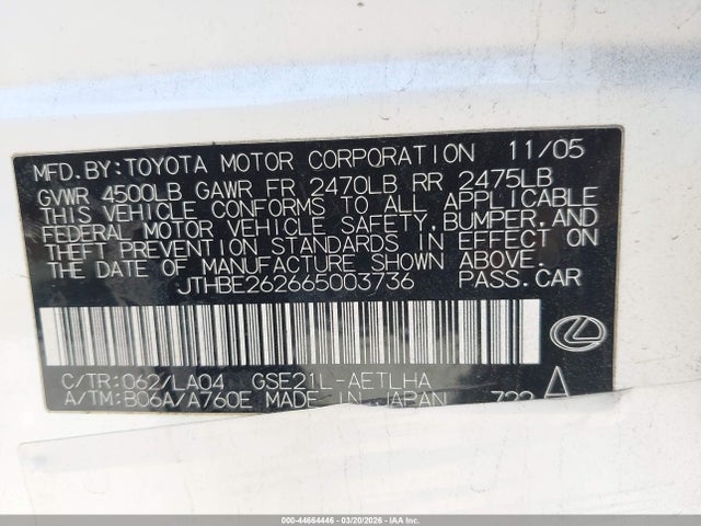 Aukcja sprzedaży 2006 Lexus Is 350, vin: JTHBE262665003736, numer aukcji: 44664446