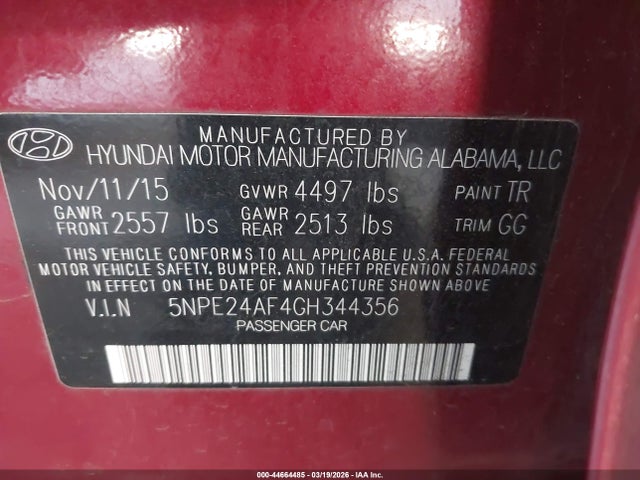 5NPE24AF4GH344356 Hyundai SONATA SE