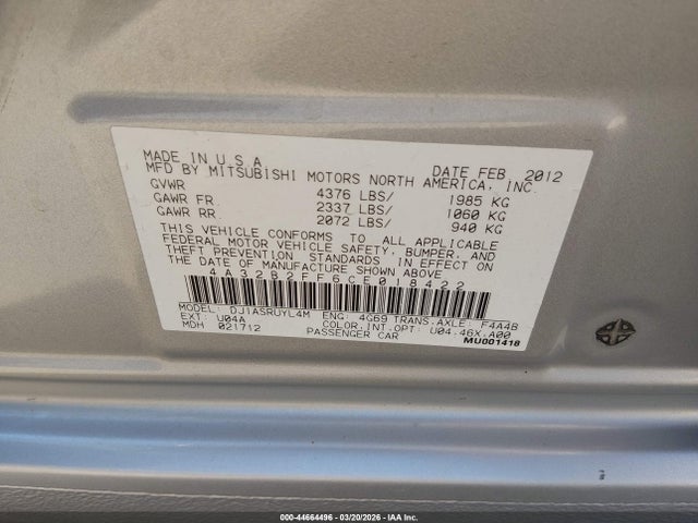 2012 MITSUBISHI GALANT 4A32B2FF6CE018422 Photo 8