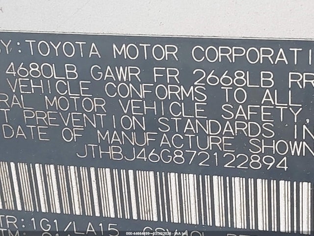 44664499 :رقم المزاد ، JTHBJ46G872122894 vin ، 2007 Lexus Es 350 مزاد بيع