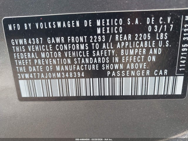 Продажа на аукционе авто 2017 Volkswagen Jetta Gli, vin: 3VW4T7AJ0HM348394, номер лота: 44664508