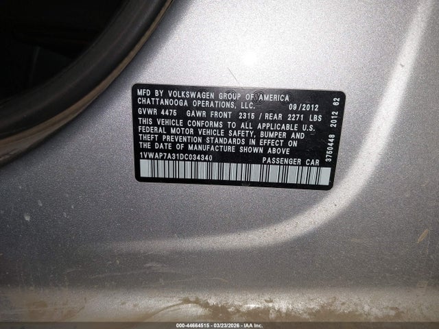 2013 Volkswagen Passat 2.5l S მანქანა იყიდება აუქციონზე, vin: 1VWAP7A31DC034340, აუქციონის ნომერი: 44664515