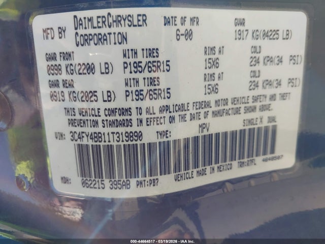 Продаж на аукціоні авто 2001 Chrysler Pt Cruiser, vin: 3C4FY4BB11T319890, номер лоту: 44664517