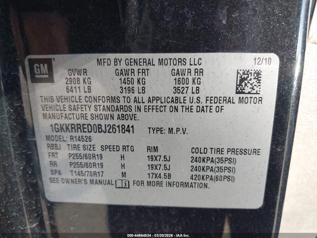 Aukcja sprzedaży 2011 Gmc Acadia Slt-1, vin: 1GKKRRED0BJ261841, numer aukcji: 44664534