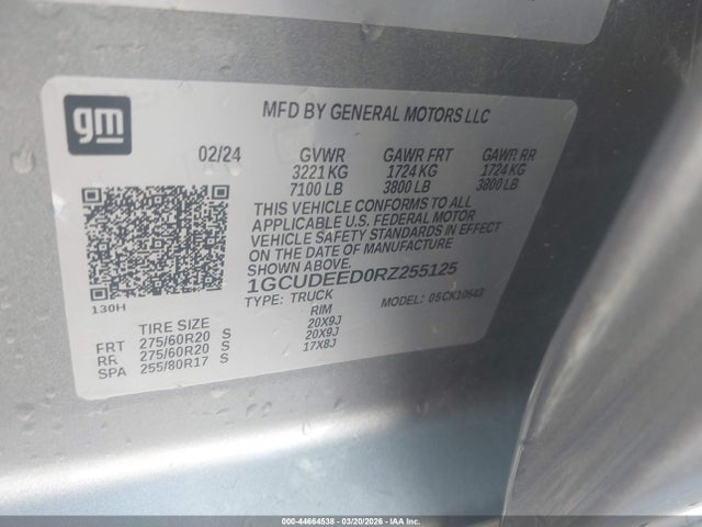 Продажа на аукционе авто 2024 Chevrolet Silverado 1500 4wd  Short Bed Rst, vin: 1GCUDEED0RZ255125, номер лота: 44664538