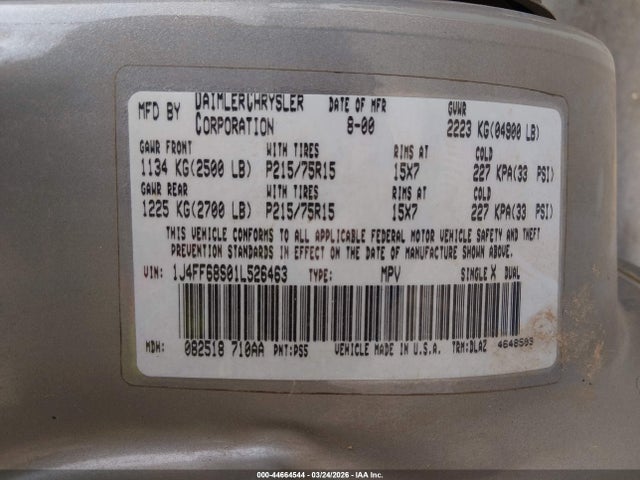 Aukcja sprzedaży 2001 Jeep Cherokee Limited, vin: 1J4FF68S01L526463, numer aukcji: 44664544