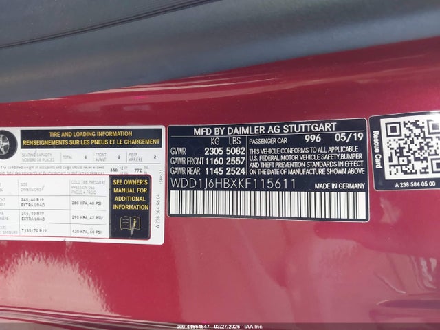 44664547 :رقم المزاد ، WDD1J6HBXKF115611 vin ، 2019 Mercedes-benz E 450 مزاد بيع