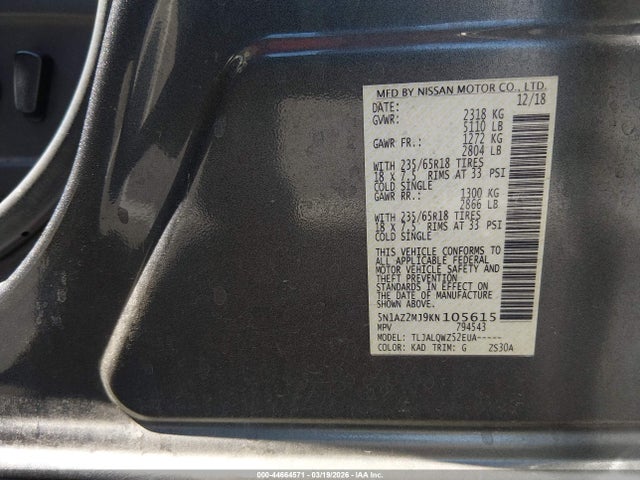 5N1AZ2MJ9KN105615 Nissan MURANO SV