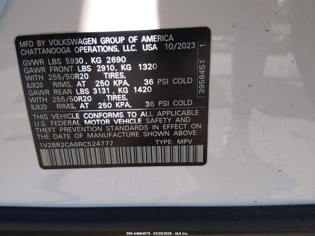 Aukcja sprzedaży 2024 Volkswagen Atlas 2.0t Sel, vin: 1V2BR2CA6RC524777, numer aukcji: 44664579