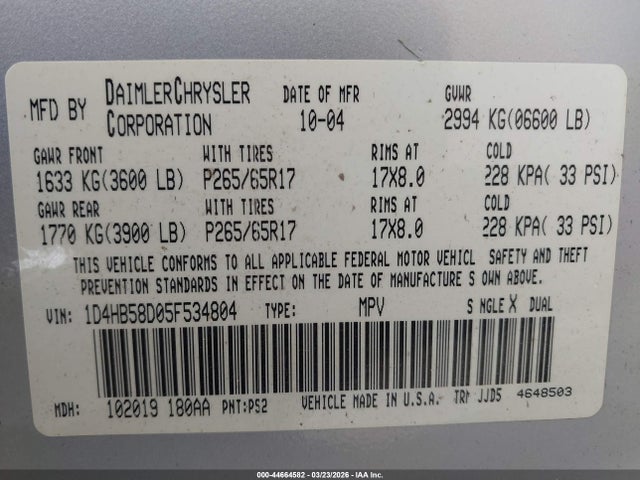 2005 DODGE DURANGO 1D4HB58D05F534804 Photo 8